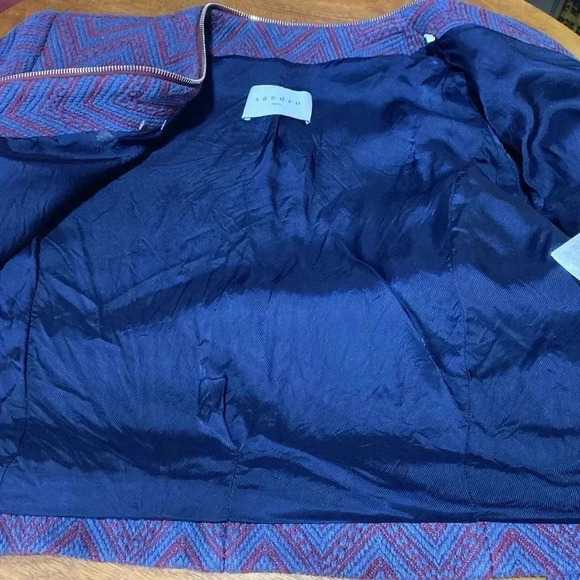 Sandro Paris Blue with Red Zig Zag Design Bolero Style Coat Jacket Blazer Size 8 - Picture 7 of 15